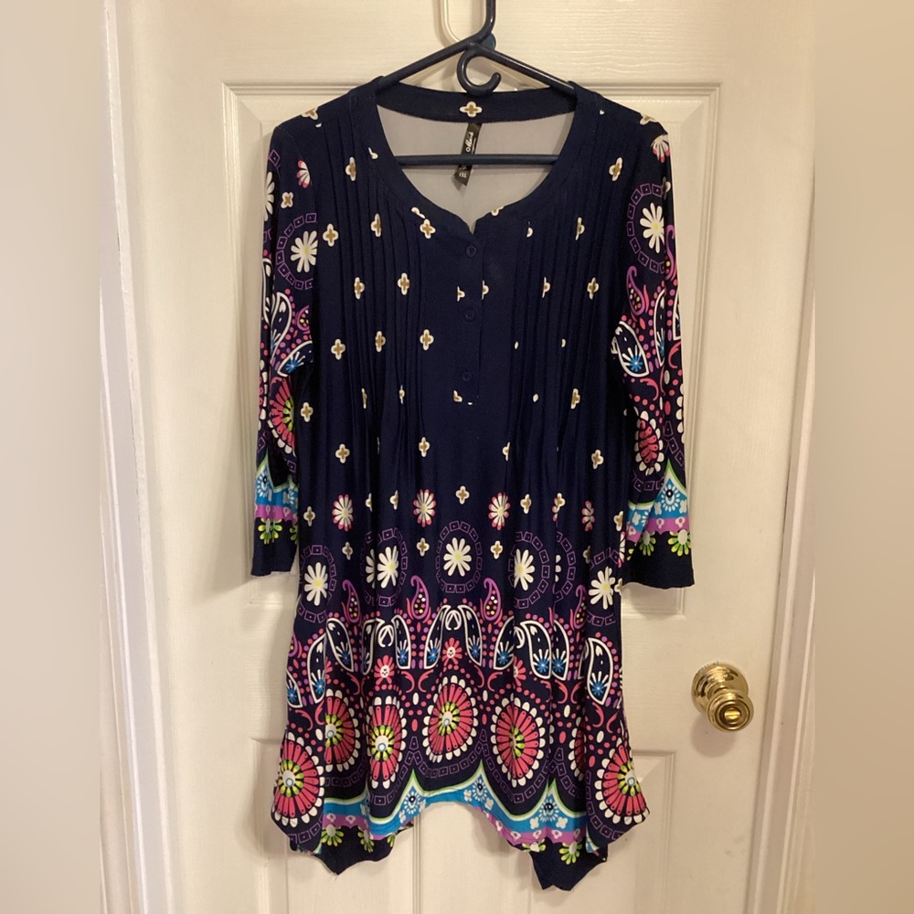 White Mark Asymmetrical Dress with Navy and Floral Patterns